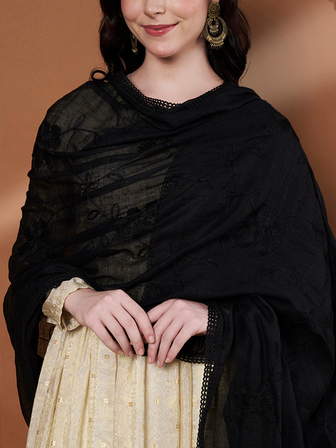 Floral Self Embroidery Cotton Dupatta for Women | Black