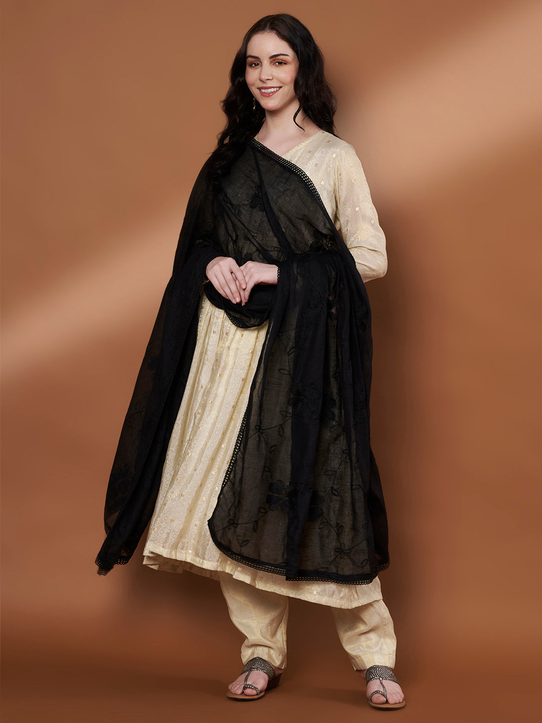 Floral Self Embroidery Cotton Dupatta for Women | Black