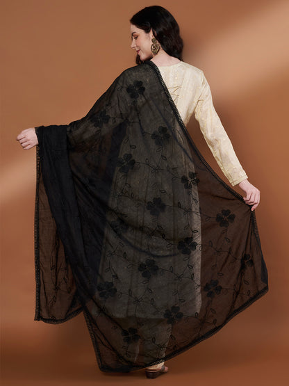 Floral Self Embroidery Cotton Dupatta for Women | Black