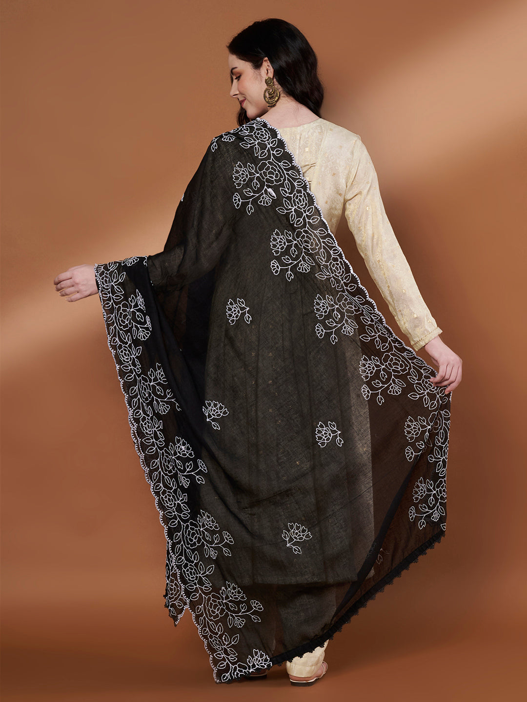 Pure Cotton Floral Embroidered Dupatta for Women | Black