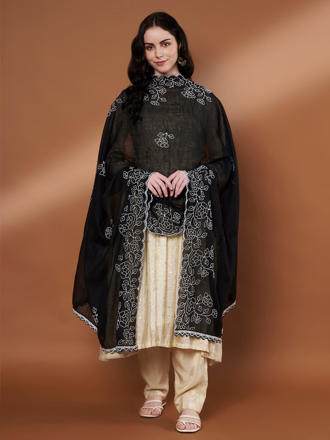 Pure Cotton Floral Embroidered Dupatta for Women | Black