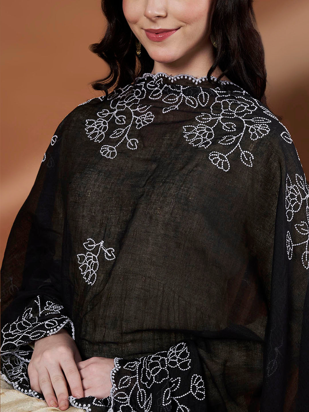 Pure Cotton Floral Embroidered Dupatta for Women | Black