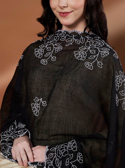Pure Cotton Floral Embroidered Dupatta for Women | Black