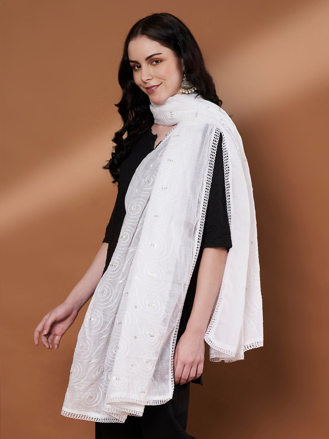 Pure Cotton Sequin Self Work Dupatta for Women | White
