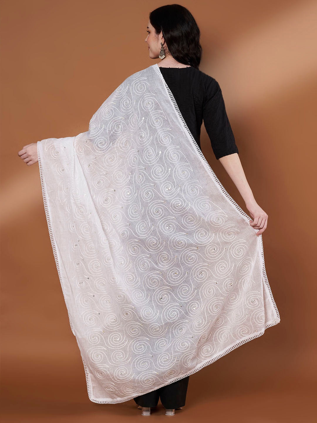 Pure Cotton Sequin Self Work Dupatta for Women | White