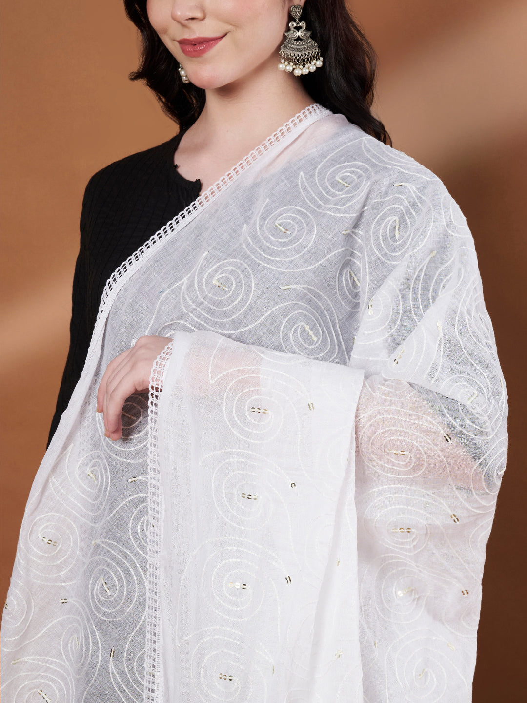 Pure Cotton Sequin Self Work Dupatta for Women | White