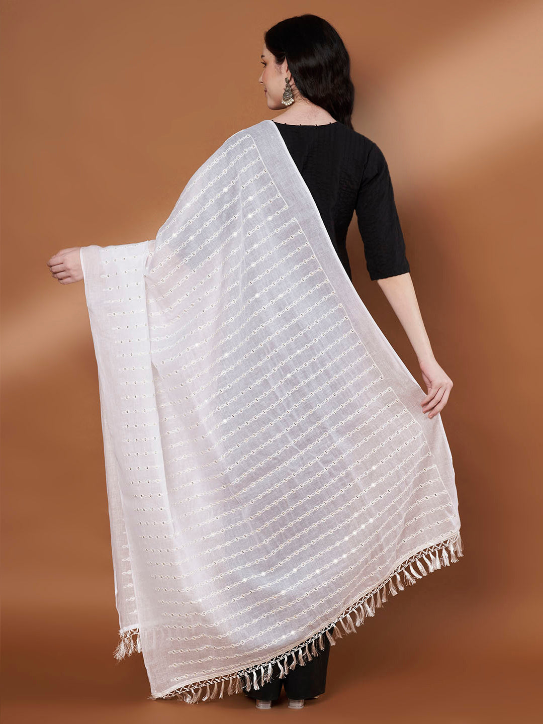 Pure Cotton Sequin Stripe Dupatta for Women | White