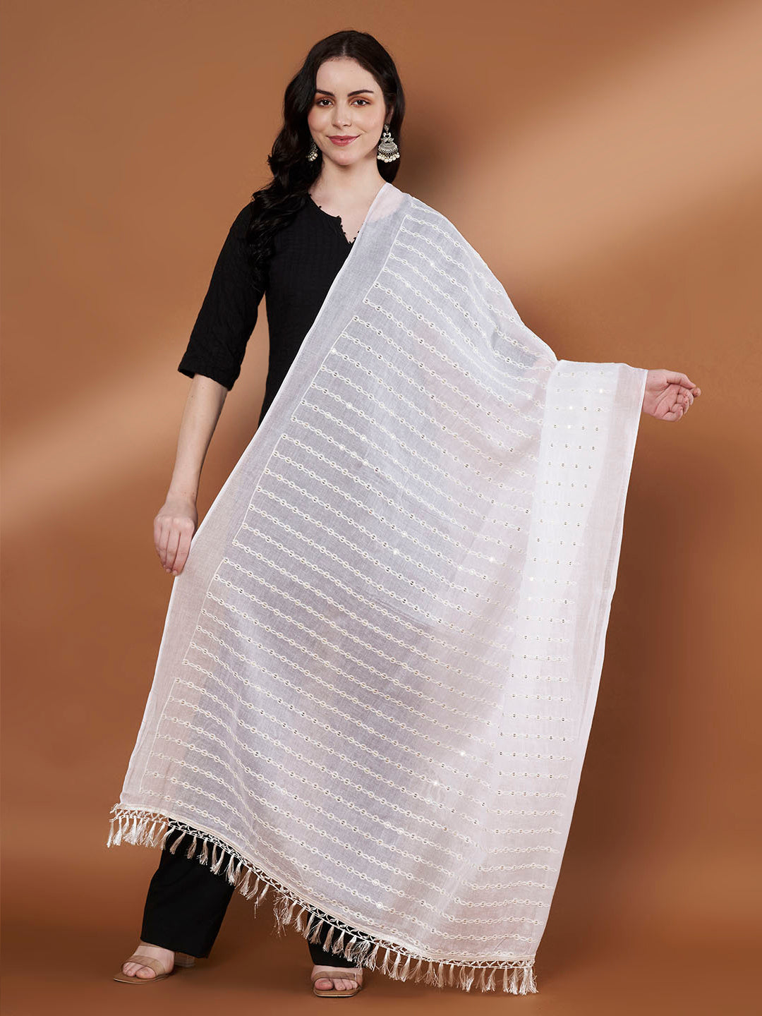 Pure Cotton Sequin Stripe Dupatta for Women | White