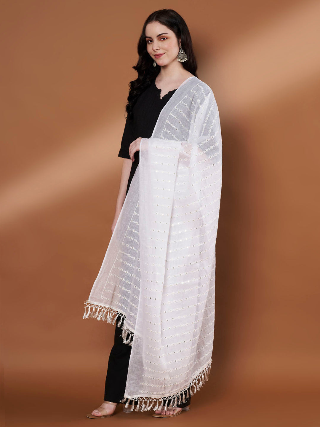 Pure Cotton Sequin Stripe Dupatta for Women | White