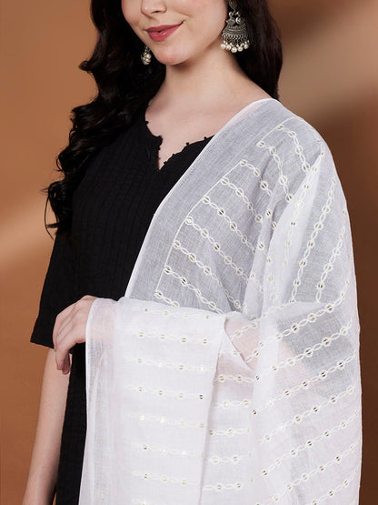 Pure Cotton Sequin Stripe Dupatta for Women | White
