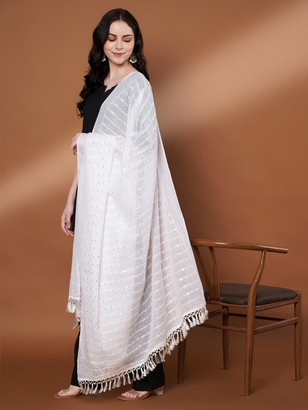 Pure Cotton Sequin Stripe Dupatta for Women | White