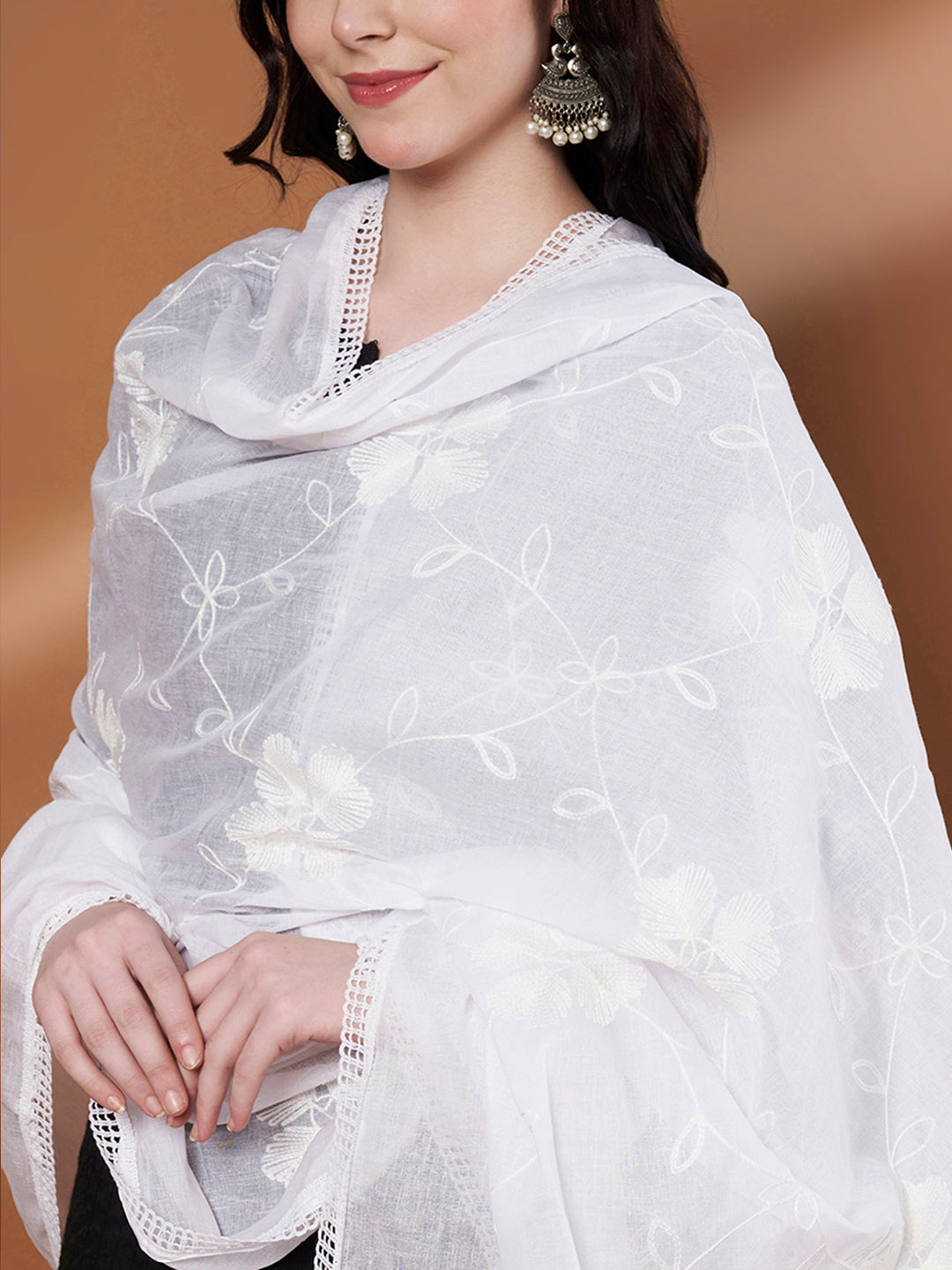 Floral Self Embroidery Cotton Dupatta for Women | White