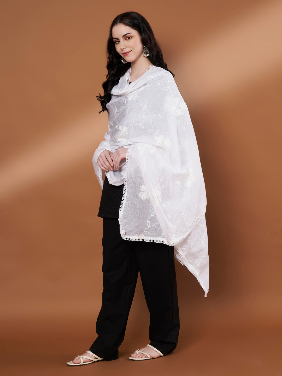 Floral Self Embroidery Cotton Dupatta for Women | White
