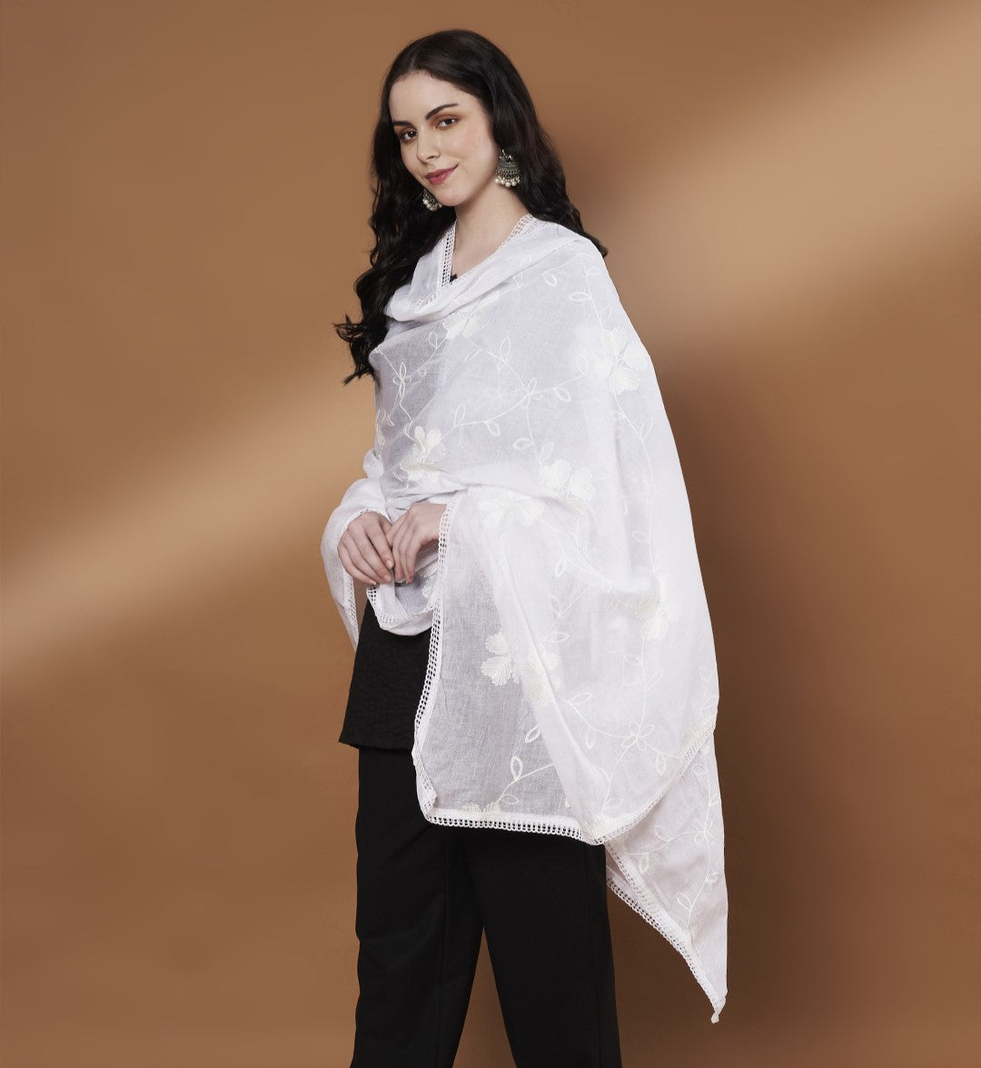 Floral Self Embroidery Cotton Dupatta for Women | White