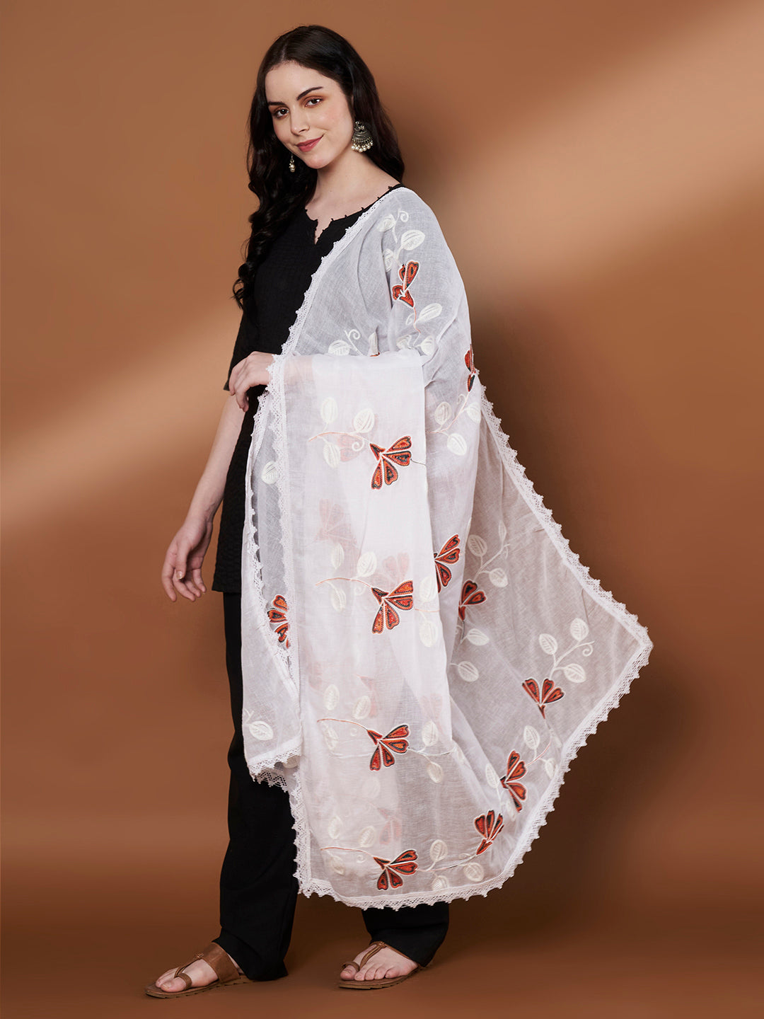 Colorful Embroidery Pure Cotton Dupatta for Women | White