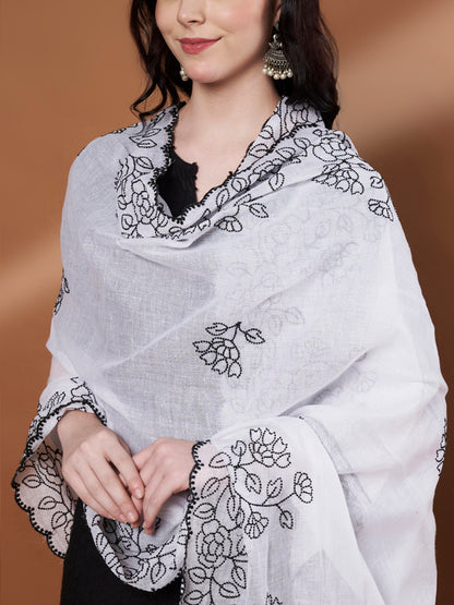 Pure Cotton Floral Embroidered Dupatta for Women | White