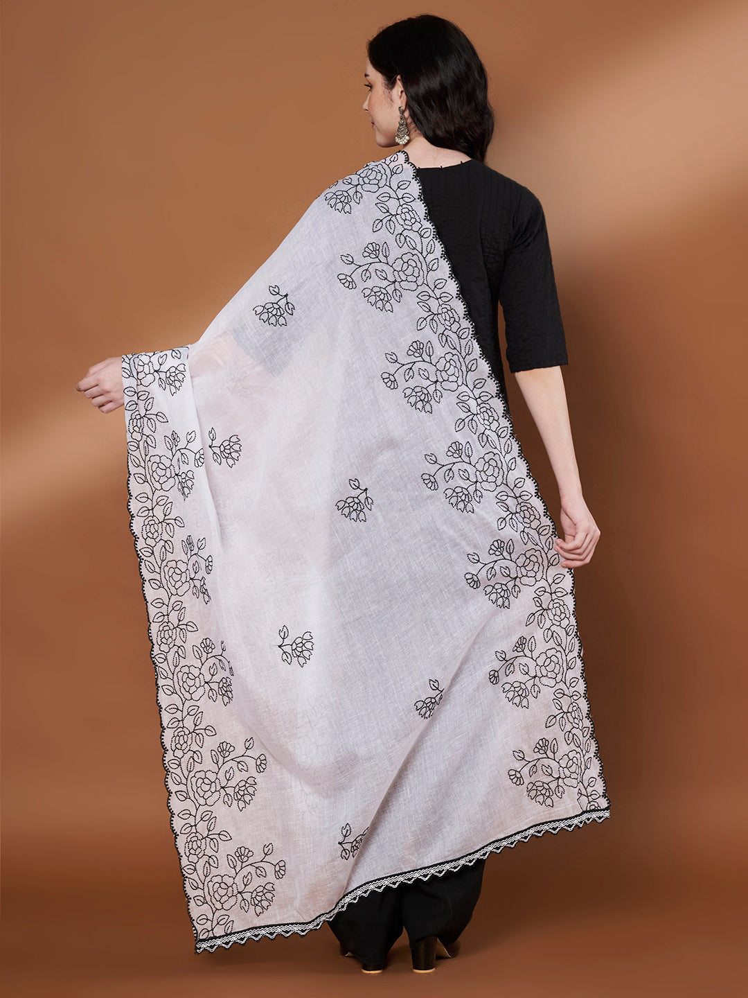 Pure Cotton Floral Embroidered Dupatta for Women | White