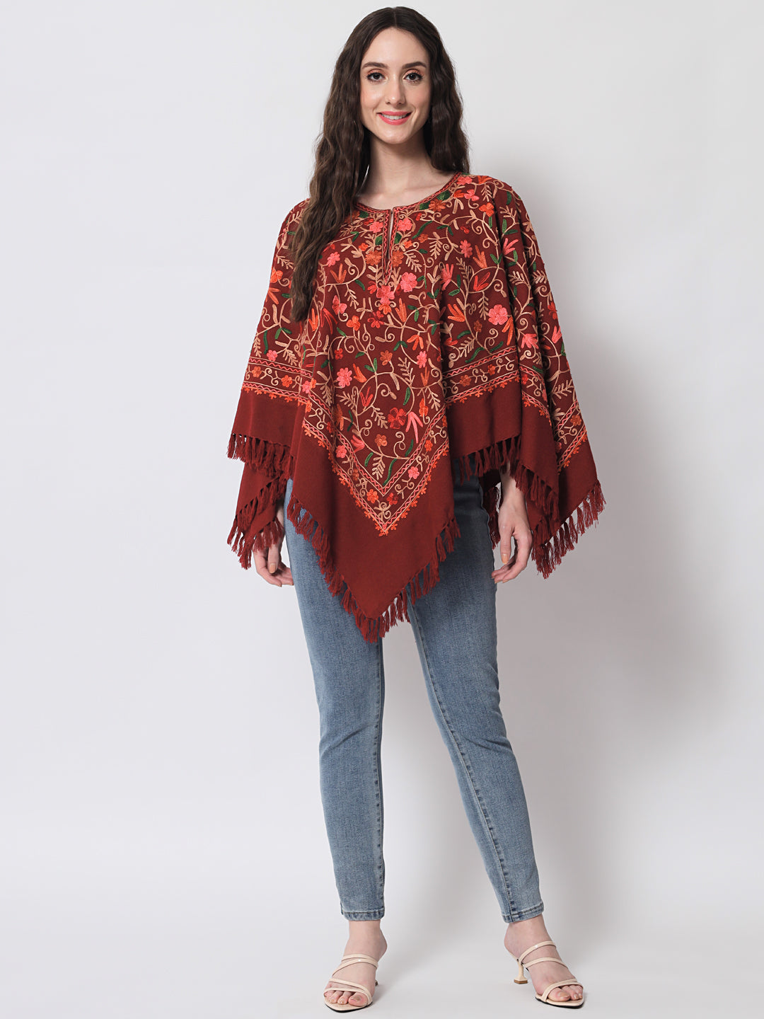 Woolen Kashmiri Poncho with Jaal Embroidery and Silk Lining | Maroon