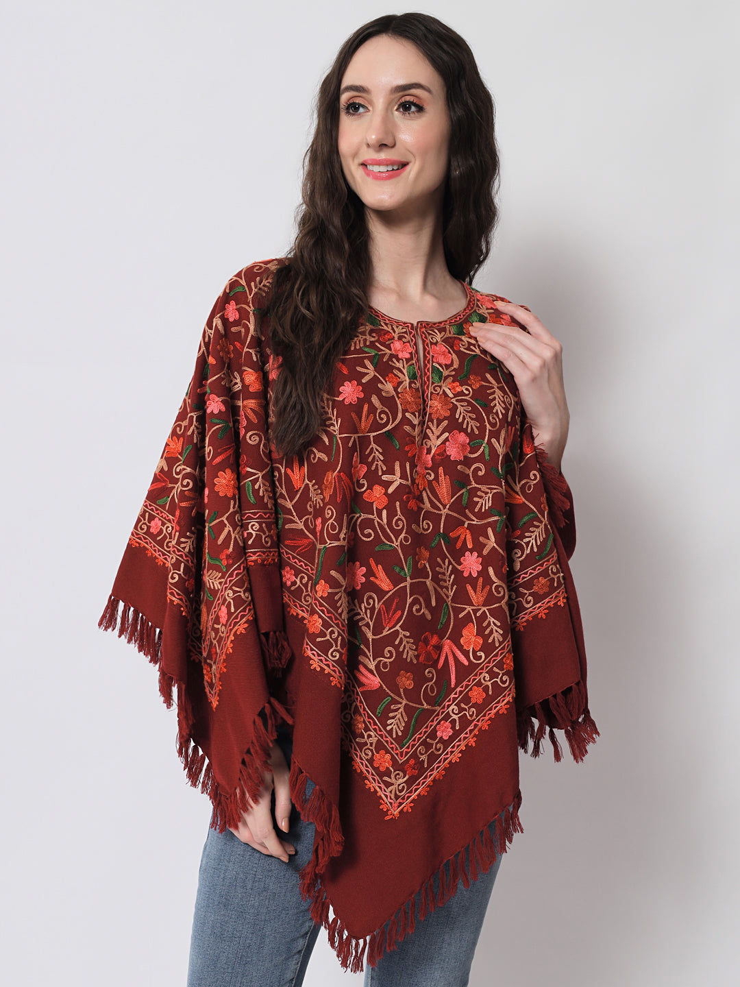 Woolen Kashmiri Poncho with Jaal Embroidery and Silk Lining | Maroon