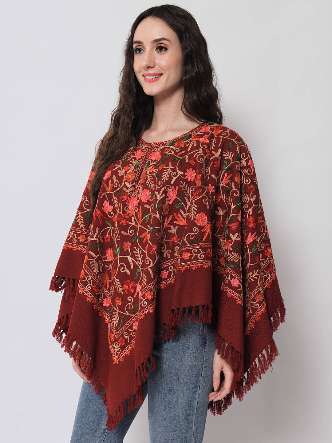 Woolen Kashmiri Poncho with Jaal Embroidery and Silk Lining | Maroon