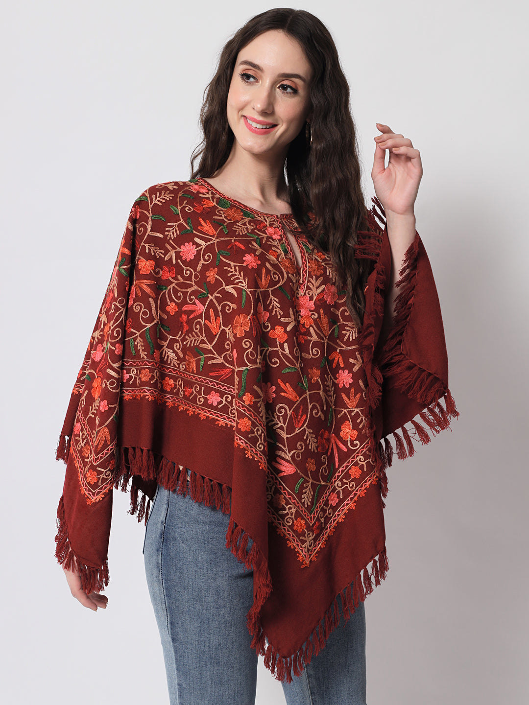 Woolen Kashmiri Poncho with Jaal Embroidery and Silk Lining | Maroon