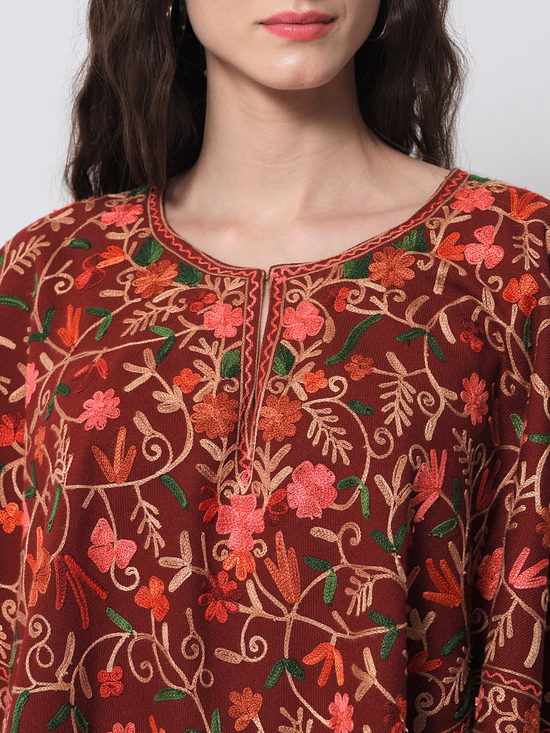 Woolen Kashmiri Poncho with Jaal Embroidery and Silk Lining | Maroon