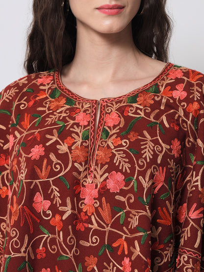 Woolen Kashmiri Poncho with Jaal Embroidery and Silk Lining | Maroon