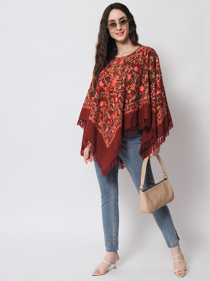 Woolen Kashmiri Poncho with Jaal Embroidery and Silk Lining | Maroon