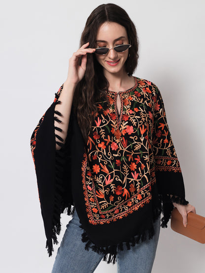 Woolen Kashmiri Poncho with Jaal Embroidery and Silk Lining | Black