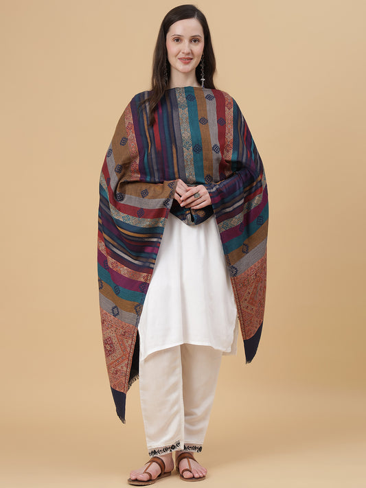 Jamawar Woollen Woven Shawl for Women in Kullu Stripes | Blue