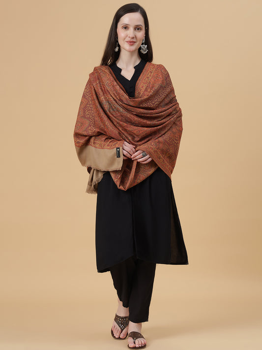 Jamawar Woollen Woven Shawl for Women in Kullu Stripes | Brown