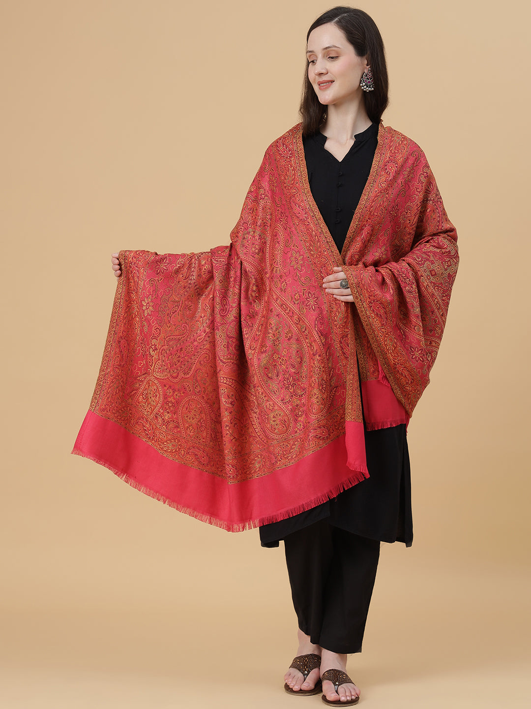 Jamawar Woollen Woven Shawl for Women in Kullu Stripes | Pink