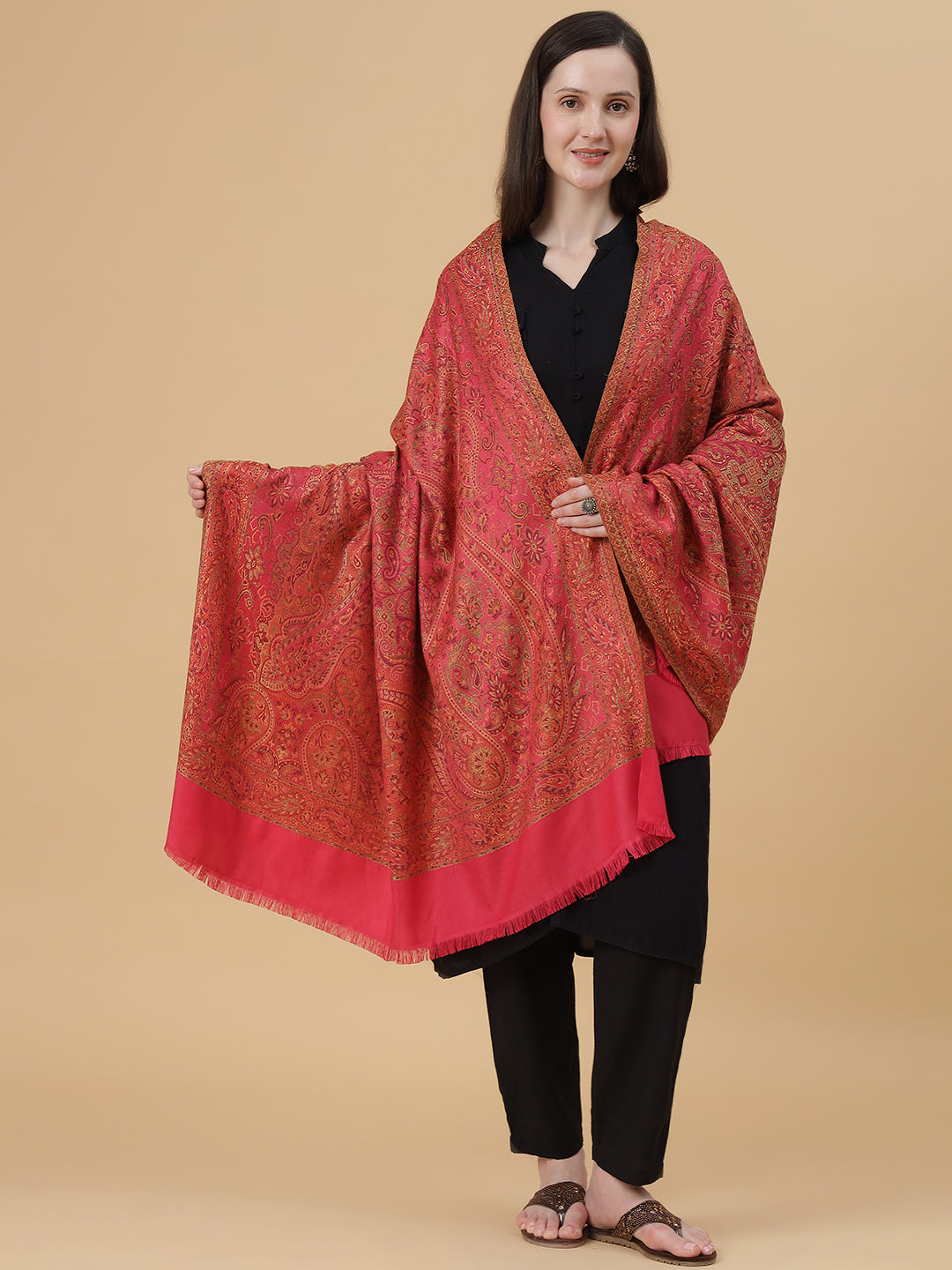 Jamawar Woollen Woven Shawl for Women in Kullu Stripes | Pink