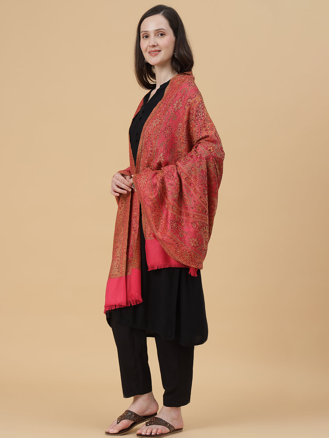 Jamawar Woollen Woven Shawl for Women in Kullu Stripes | Pink