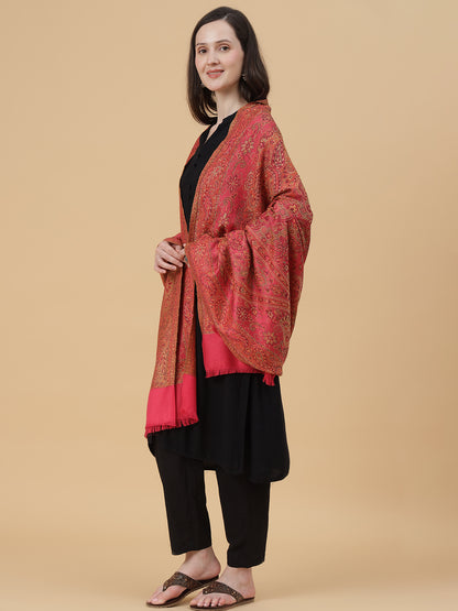 Jamawar Woollen Woven Shawl for Women in Kullu Stripes | Pink