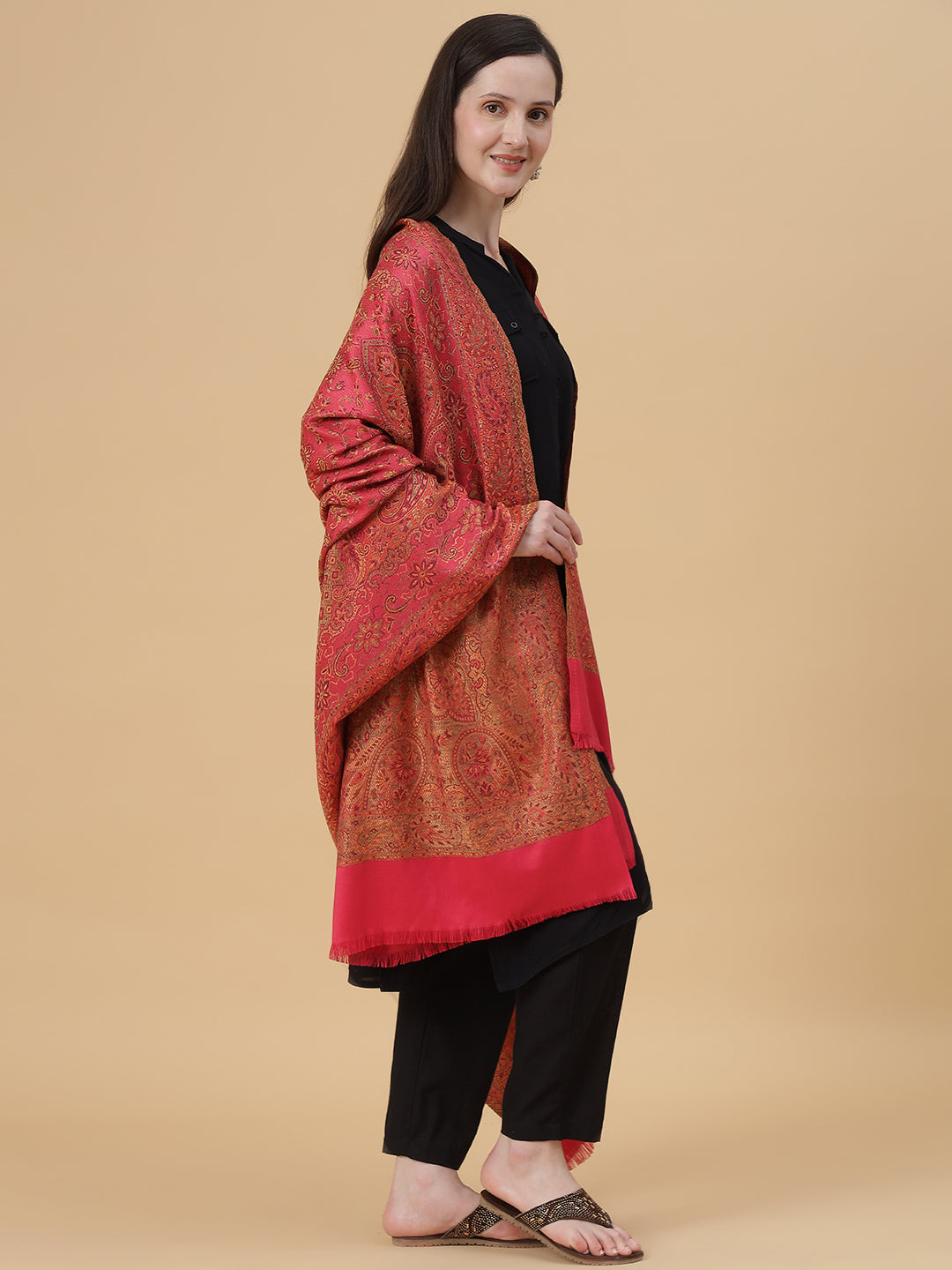 Jamawar Woollen Woven Shawl for Women in Kullu Stripes | Pink