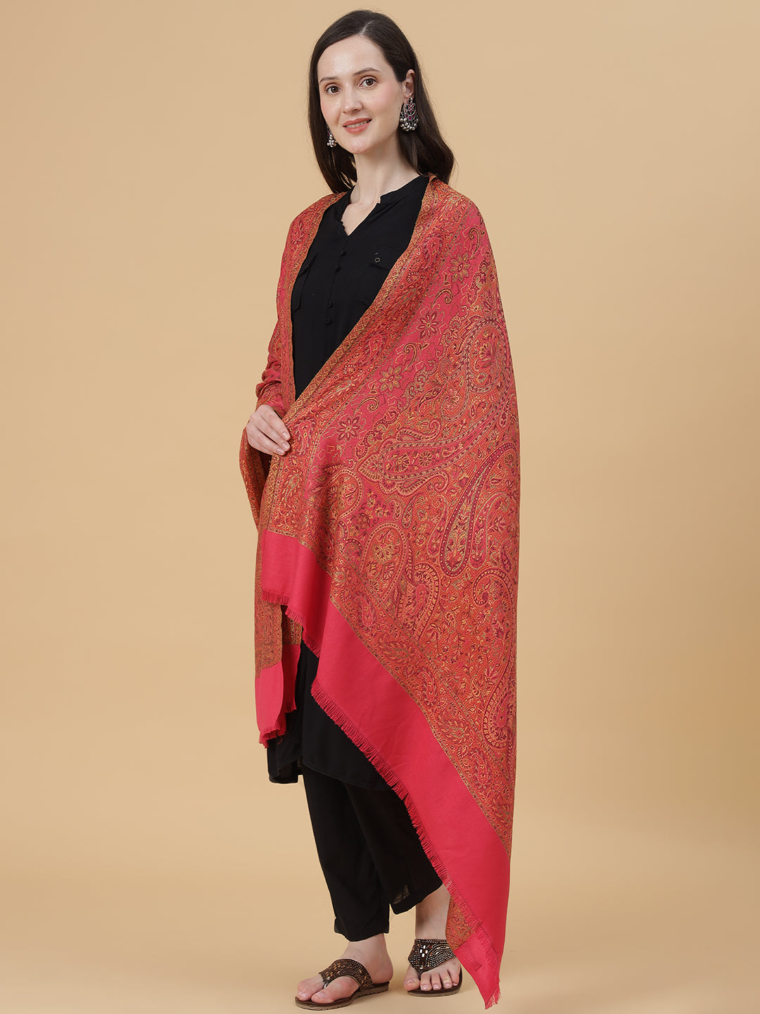 Jamawar Woollen Woven Shawl for Women in Kullu Stripes | Pink