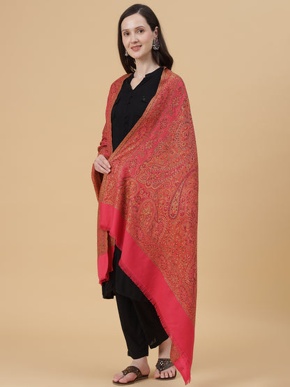 Jamawar Woollen Woven Shawl for Women in Kullu Stripes | Pink