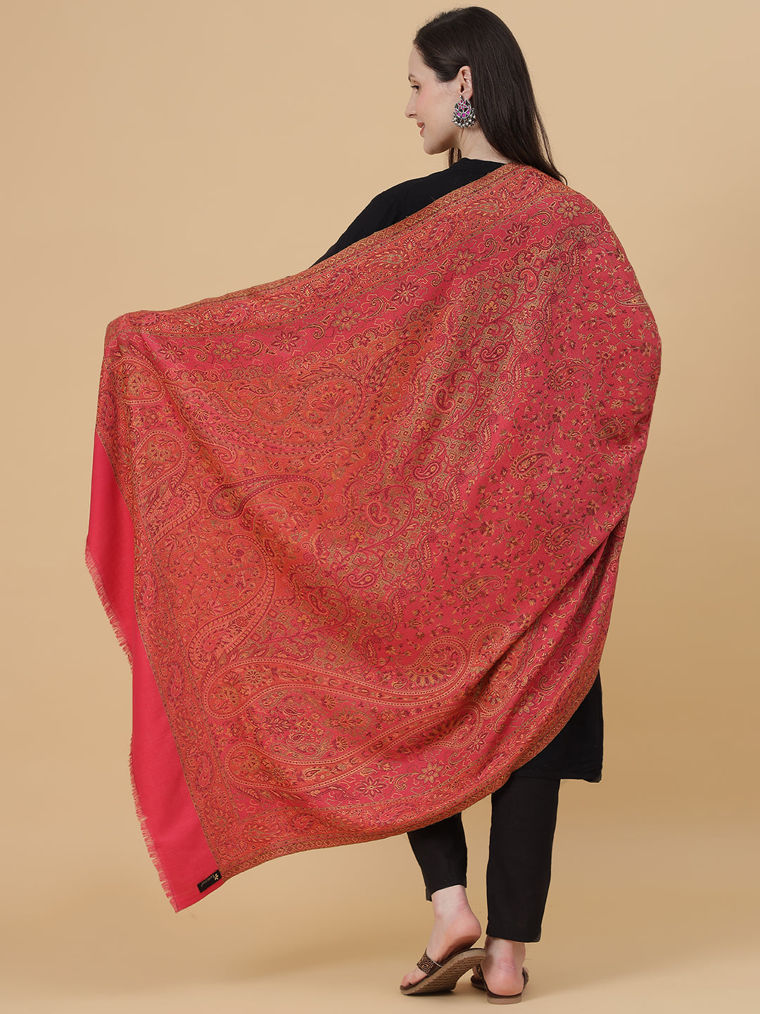 Jamawar Woollen Woven Shawl for Women in Kullu Stripes | Pink