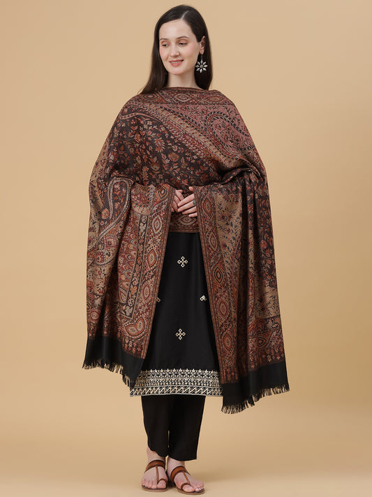 Jamawar Woollen Woven Shawl for Women in Kullu Stripes | Black