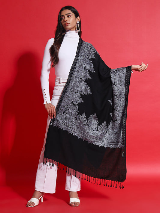 Woollen Pashmina Feel Stole in Silk Embroidery for Women | Black