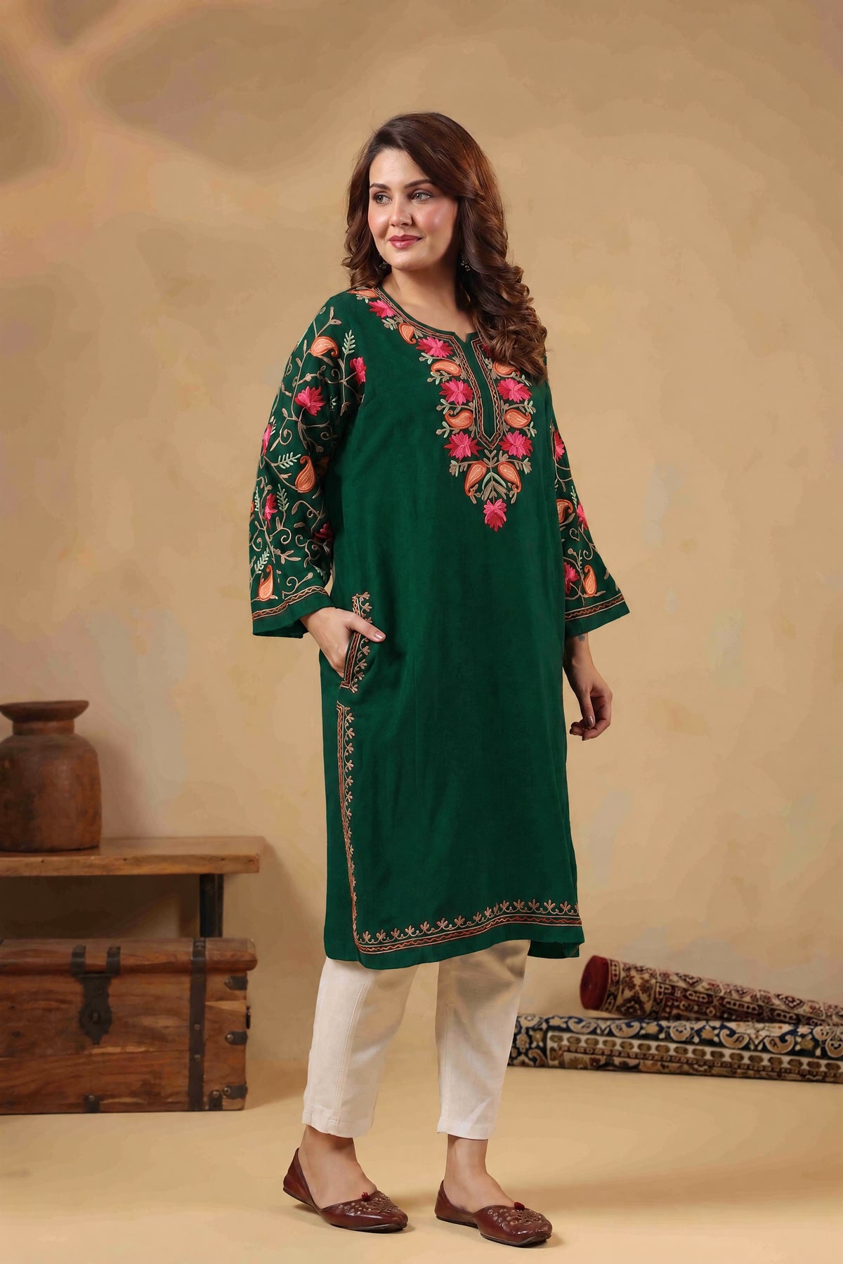 Multicolor Aari Embroidery Kashmiri Pheran | Bottle Green