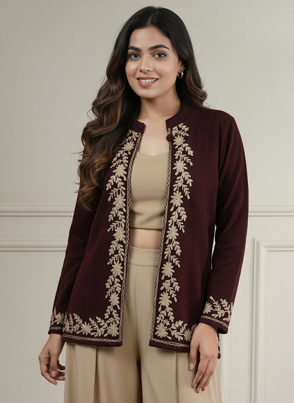 Knitted Short Shrug with Zari Embroidery | Wine