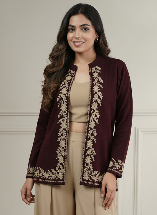 Knitted Short Shrug with Zari Embroidery | Wine