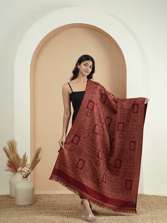 Woollen Kani Shawl with Intricate Kashmiri Paisley & Floral Woven Design | Maroon