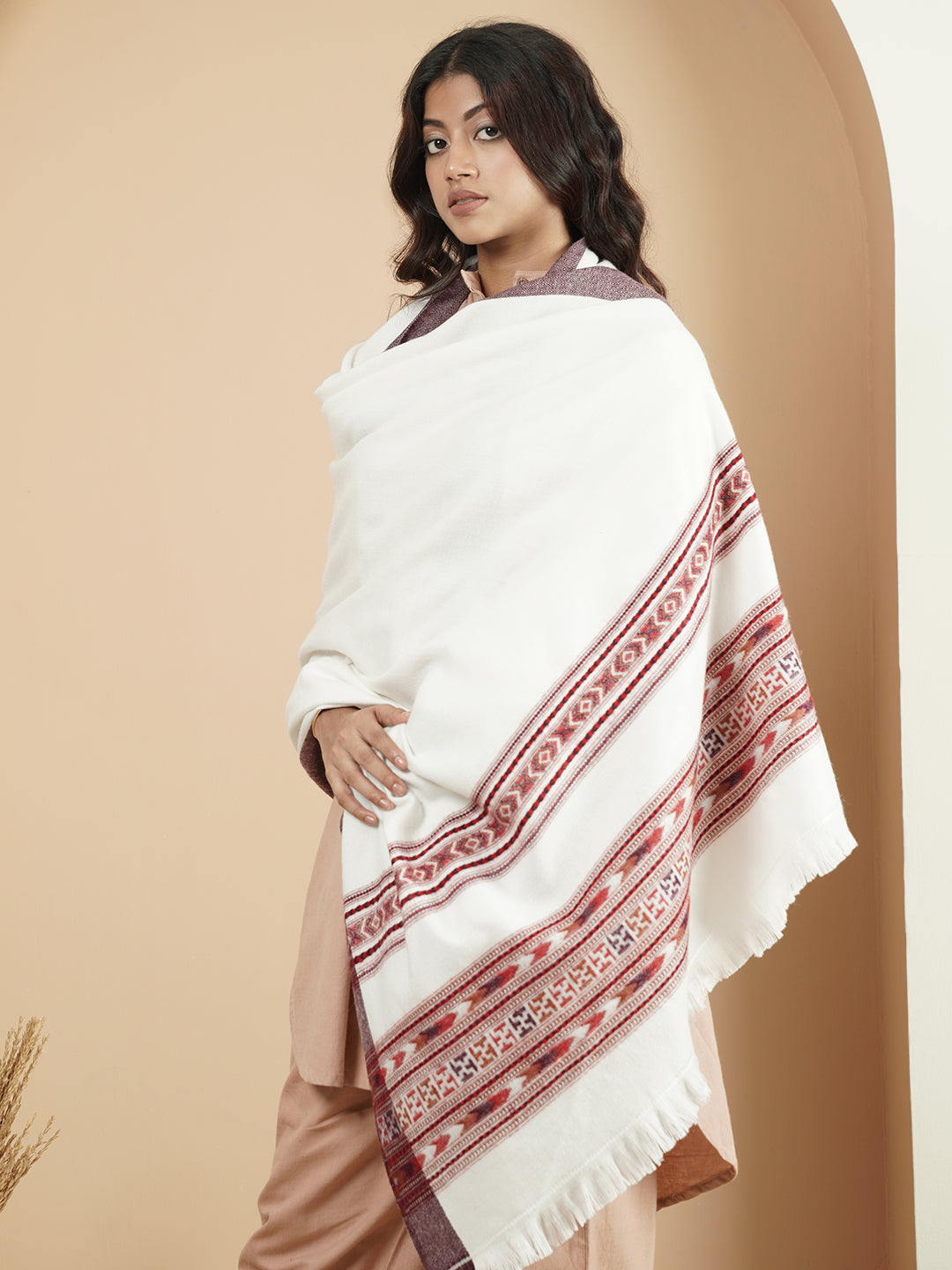 Woollen Plain Kullu Warm Shawl with Border Design | White