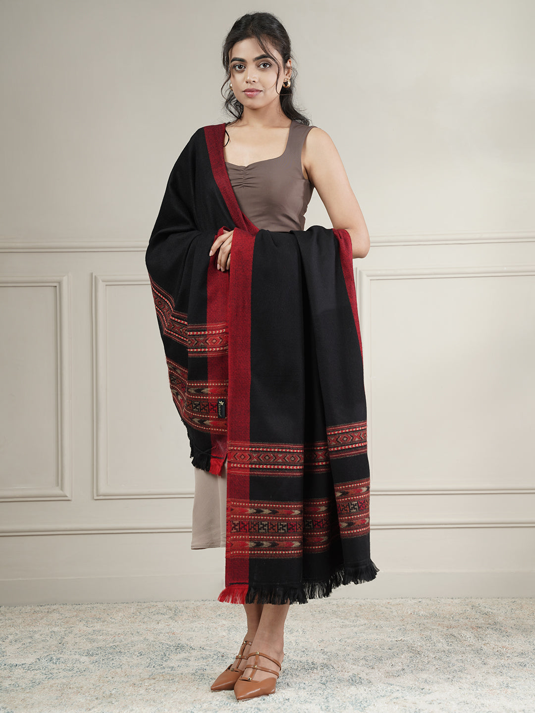 Woolen Plain Kullu Warm Shawl with Border Design | Black