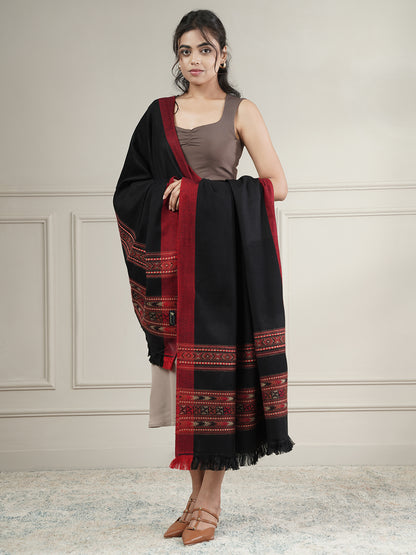 Woolen Plain Kullu Warm Shawl with Border Design | Black