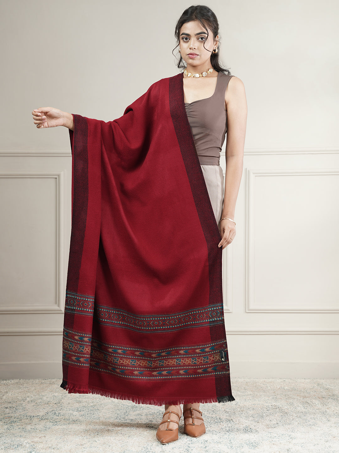 Woollen Plain Kullu Warm Shawl with Border Design | Maroon