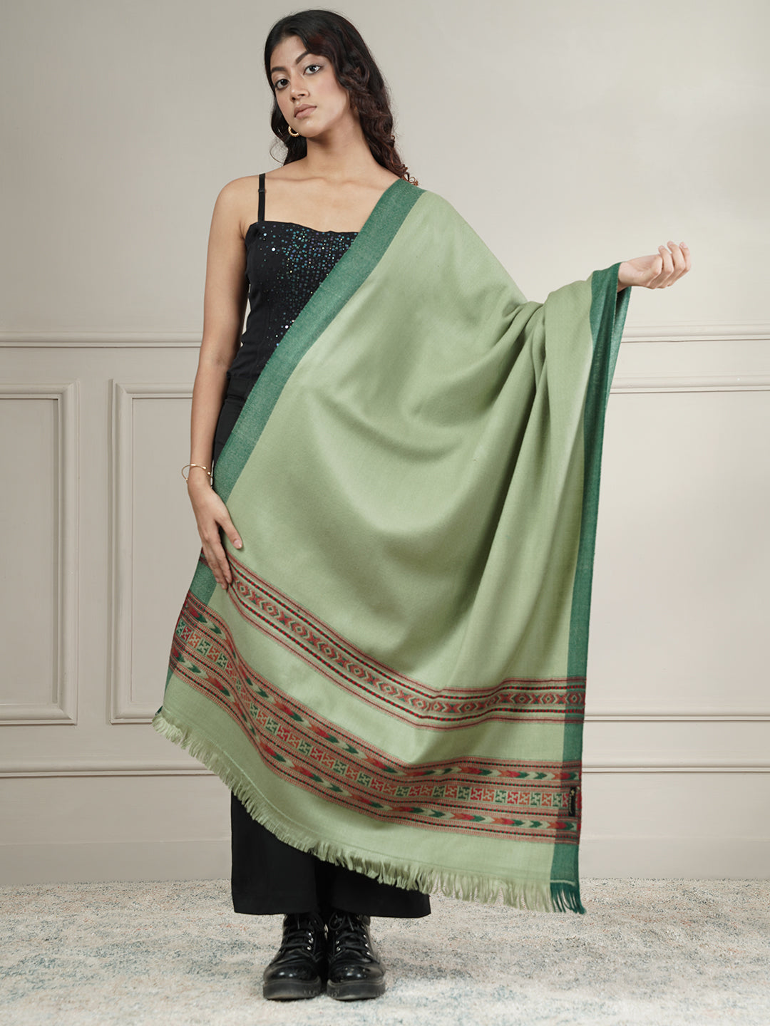 Woollen Plain Kullu Warm Shawl with Border Design | Light Green